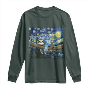 Funny Hanukkah Sloth Long Sleeve Shirt Van Gogh Starry Night Jewish Gift TS12 Dark Forest Green Print Your Wear
