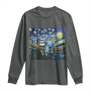 Funny Hanukkah Sloth Long Sleeve Shirt Van Gogh Starry Night Jewish Gift TS12 Dark Heather Print Your Wear