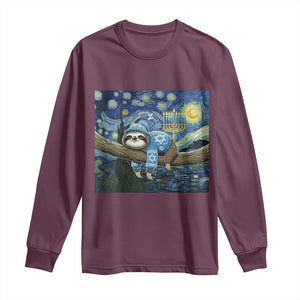 Funny Hanukkah Sloth Long Sleeve Shirt Van Gogh Starry Night Jewish Gift TS12 Maroon Print Your Wear