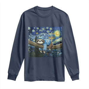 Funny Hanukkah Sloth Long Sleeve Shirt Van Gogh Starry Night Jewish Gift TS12 Navy Print Your Wear