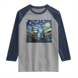 Funny Hanukkah Sloth Raglan Shirt Van Gogh Starry Night Jewish Gift TS12 Sport Gray Navy Print Your Wear