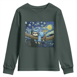 Funny Hanukkah Sloth Youth Sweatshirt Van Gogh Starry Night Jewish Gift TS12 Dark Forest Green Print Your Wear