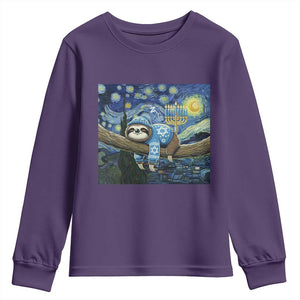 Funny Hanukkah Sloth Youth Sweatshirt Van Gogh Starry Night Jewish Gift TS12 Purple Print Your Wear