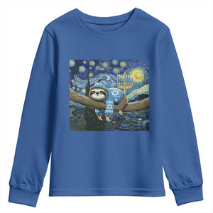 Funny Hanukkah Sloth Youth Sweatshirt Van Gogh Starry Night Jewish Gift TS12 Royal Blue Print Your Wear