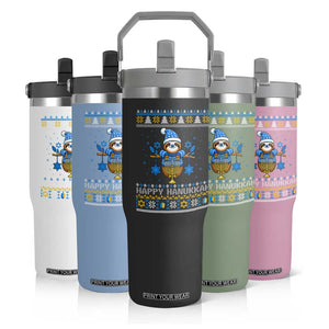 Happy Hanukkah Ugly Sweater Flip Straw Tumbler Funny Sloth Carrying Menorah Jewish Gift TS12 Print Your Wear