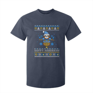 Happy Hanukkah Ugly Sweater T Shirt For Kid Funny Sloth Carrying Menorah Jewish Gift TS12 Navy Print Your Wear