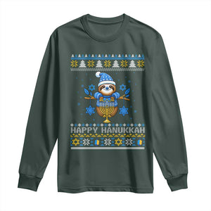 Happy Hanukkah Ugly Sweater Long Sleeve Shirt Funny Sloth Carrying Menorah Jewish Gift TS12 Dark Forest Green Print Your Wear