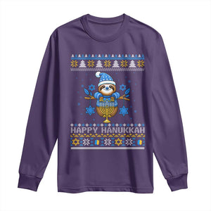 Happy Hanukkah Ugly Sweater Long Sleeve Shirt Funny Sloth Carrying Menorah Jewish Gift TS12 Purple Print Your Wear
