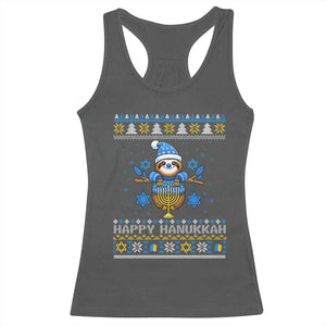 Happy Hanukkah Ugly Sweater Racerback Tank Top Funny Sloth Carrying Menorah Jewish Gift TS12 Dark Heather Print Your Wear