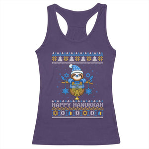 Happy Hanukkah Ugly Sweater Racerback Tank Top Funny Sloth Carrying Menorah Jewish Gift TS12 Purple Print Your Wear