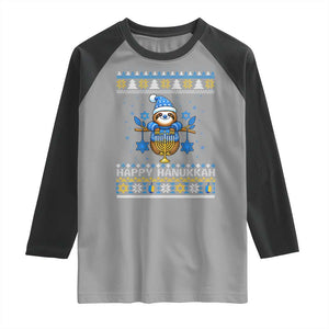 Happy Hanukkah Ugly Sweater Raglan Shirt Funny Sloth Carrying Menorah Jewish Gift TS12 Sport Gray Black Print Your Wear