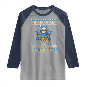 Happy Hanukkah Ugly Sweater Raglan Shirt Funny Sloth Carrying Menorah Jewish Gift TS12 Sport Gray Navy Print Your Wear