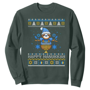 Happy Hanukkah Ugly Sweater Sweatshirt Funny Sloth Carrying Menorah Jewish Gift TS12 Dark Forest Green Print Your Wear