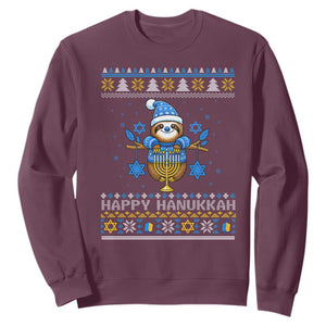 Happy Hanukkah Ugly Sweater Sweatshirt Funny Sloth Carrying Menorah Jewish Gift TS12 Maroon Print Your Wear