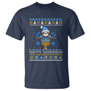 Happy Hanukkah Ugly Sweater T Shirt Funny Sloth Carrying Menorah Jewish Gift TS12 Navy Print Your Wear