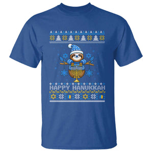 Happy Hanukkah Ugly Sweater T Shirt Funny Sloth Carrying Menorah Jewish Gift TS12 Royal Blue Print Your Wear