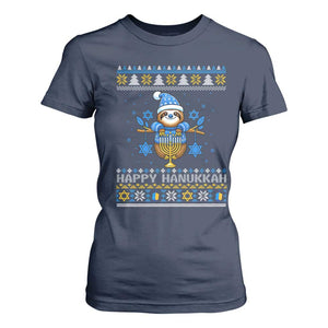 Happy Hanukkah Ugly Sweater T Shirt For Women Funny Sloth Carrying Menorah Jewish Gift TS12 Navy Print Your Wear