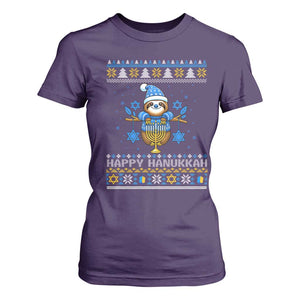 Happy Hanukkah Ugly Sweater T Shirt For Women Funny Sloth Carrying Menorah Jewish Gift TS12 Purple Print Your Wear