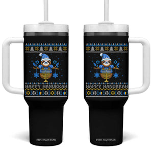 Happy Hanukkah Ugly Sweater Tumbler With Handle Funny Sloth Carrying Menorah Jewish Gift TS12 One Size: 40 oz Black Print Your Wear