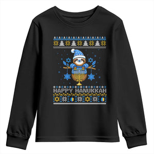 Happy Hanukkah Ugly Sweater Youth Sweatshirt Funny Sloth Carrying Menorah Jewish Gift TS12 Black Print Your Wear