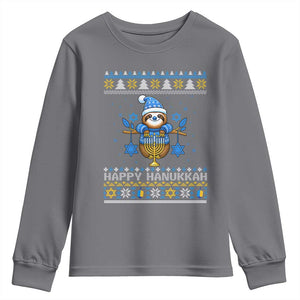 Happy Hanukkah Ugly Sweater Youth Sweatshirt Funny Sloth Carrying Menorah Jewish Gift TS12 Charcoal Print Your Wear