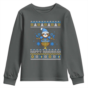Happy Hanukkah Ugly Sweater Youth Sweatshirt Funny Sloth Carrying Menorah Jewish Gift TS12 Dark Heather Print Your Wear