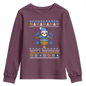 Happy Hanukkah Ugly Sweater Youth Sweatshirt Funny Sloth Carrying Menorah Jewish Gift TS12 Maroon Print Your Wear