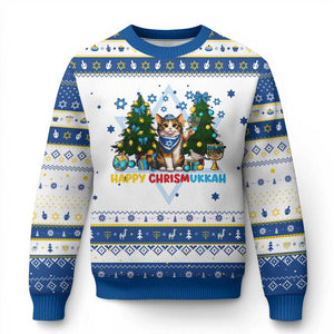 Happy Chrismukkah Hanukkah Ugly Sweater Funny Christmas Cat Lover Gift TS12 White Royal Blue Print Your Wear