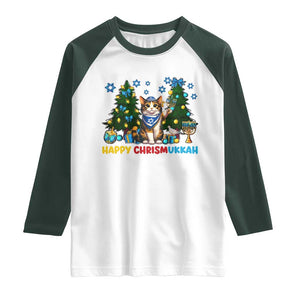 Happy Chrismukkah Raglan Shirt Funny Christmas Hanukkah Cat Lover Gift TS12 White Dark Forest Green Print Your Wear