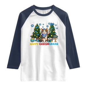Happy Chrismukkah Raglan Shirt Funny Christmas Hanukkah Cat Lover Gift TS12 White Navy Print Your Wear