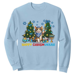 Happy Chrismukkah Sweatshirt Funny Christmas Hanukkah Cat Lover Gift TS12 Light Blue Print Your Wear