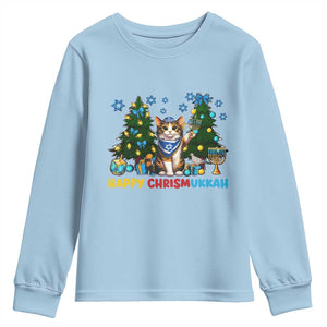 Happy Chrismukkah Youth Sweatshirt Funny Christmas Hanukkah Cat Lover Gift TS12 Light Blue Print Your Wear
