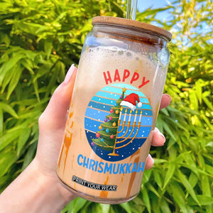 Happy Chrismukkah Glass Can Menorah Candle Christmas Tree Holiday Jewish Gift TS12 White Print Your Wear