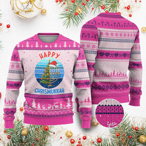 Happy Chrismukkah Ugly Christmas Sweater Menorah Candle Xmas Tree Holiday Jewish Gift TS12 Hot Pink Print Your Wear