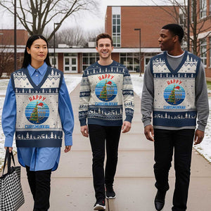 Happy Chrismukkah V-Neck Knit Sweater Vest Menorah Candle Xmas Tree Holiday Jewish Gift TS12 Beige Navy Print Your Wear