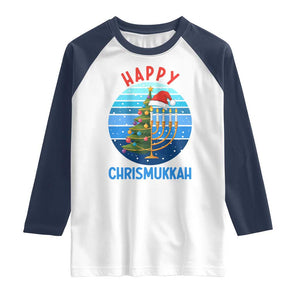 Happy Chrismukkah Raglan Shirt Menorah Candle Christmas Tree Holiday Jewish Gift TS12 White Navy Print Your Wear
