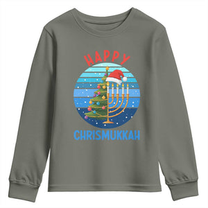 Happy Chrismukkah Youth Sweatshirt Menorah Candle Christmas Tree Holiday Jewish Gift TS12 Military Green Print Your Wear