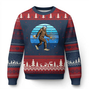 Funny Xmas Hanukkah Bigfoot Lover Ugly Christmas Sweater Jewish Holiday Gift TS12 Navy Red Print Your Wear