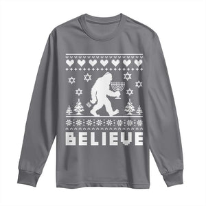Funny Hanukkah Bigfoot Long Sleeve Shirt Believe Ugly Sweater Jewish Holiday Gift TS12 Charcoal Print Your Wear