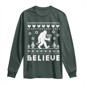 Funny Hanukkah Bigfoot Long Sleeve Shirt Believe Ugly Sweater Jewish Holiday Gift TS12 Dark Forest Green Print Your Wear