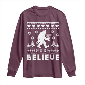 Funny Hanukkah Bigfoot Long Sleeve Shirt Believe Ugly Sweater Jewish Holiday Gift TS12 Maroon Print Your Wear