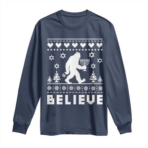 Funny Hanukkah Bigfoot Long Sleeve Shirt Believe Ugly Sweater Jewish Holiday Gift TS12 Navy Print Your Wear
