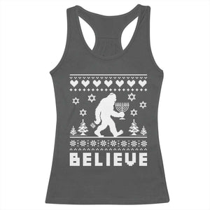Funny Hanukkah Bigfoot Racerback Tank Top Believe Ugly Sweater Jewish Holiday Gift TS12 Dark Heather Print Your Wear