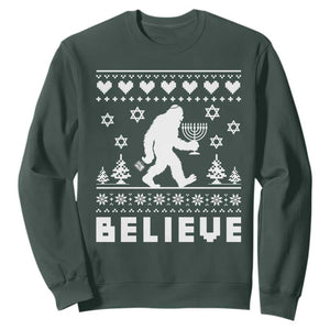 Funny Hanukkah Bigfoot Sweatshirt Believe Ugly Sweater Jewish Holiday Gift TS12 Dark Forest Green Print Your Wear