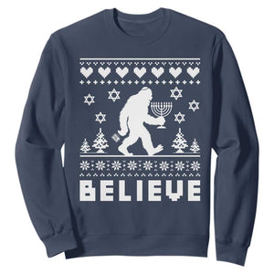 Funny Hanukkah Bigfoot Sweatshirt Believe Ugly Sweater Jewish Holiday Gift TS12 Navy Print Your Wear