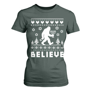 Funny Hanukkah Bigfoot T Shirt For Women Believe Ugly Sweater Jewish Holiday Gift TS12 Dark Forest Green Print Your Wear