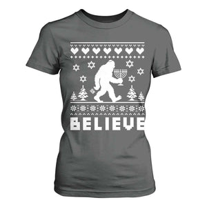 Funny Hanukkah Bigfoot T Shirt For Women Believe Ugly Sweater Jewish Holiday Gift TS12 Dark Heather Print Your Wear