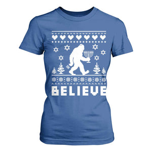 Funny Hanukkah Bigfoot T Shirt For Women Believe Ugly Sweater Jewish Holiday Gift TS12 Royal Blue Print Your Wear