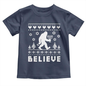 Funny Hanukkah Bigfoot Toddler T Shirt Believe Ugly Sweater Jewish Holiday Gift TS12 Navy Print Your Wear