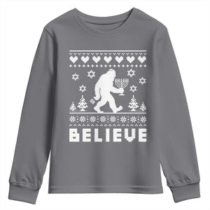 Funny Hanukkah Bigfoot Youth Sweatshirt Believe Ugly Sweater Jewish Holiday Gift TS12 Charcoal Print Your Wear